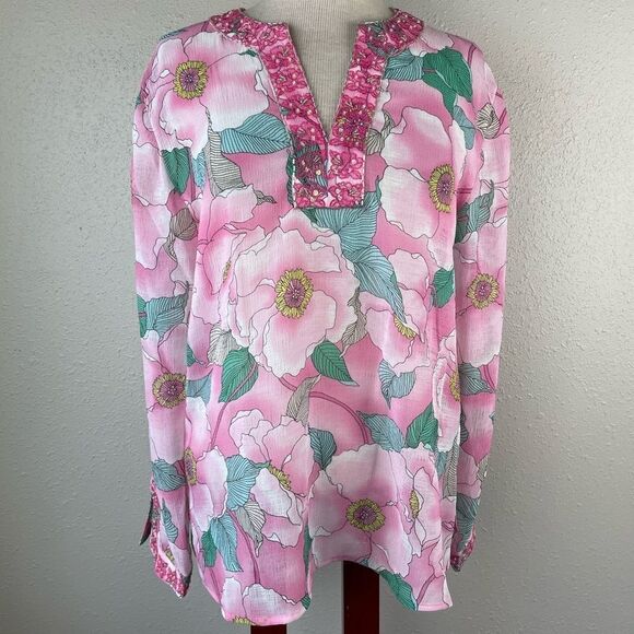 NWT Josephine Chaus Hot Pink Floral Sheer Blouse Size 10 - Picture 1 of 11